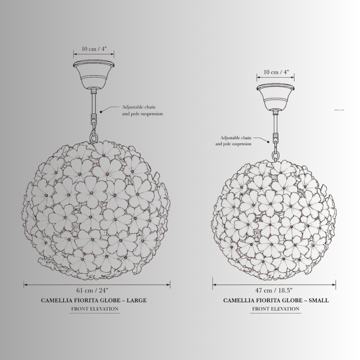 Camellia Fiorita Globe chandelier CAD drawing showing 61 cm and 47 cm floral glass sizes.