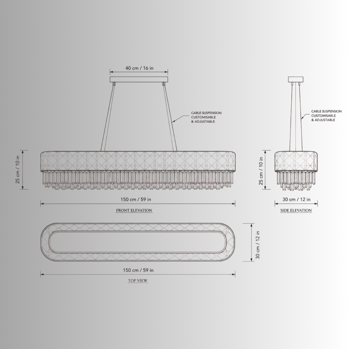 Technical CAD drawing of Florence Trapunto Neve linear chandelier with dimensions
