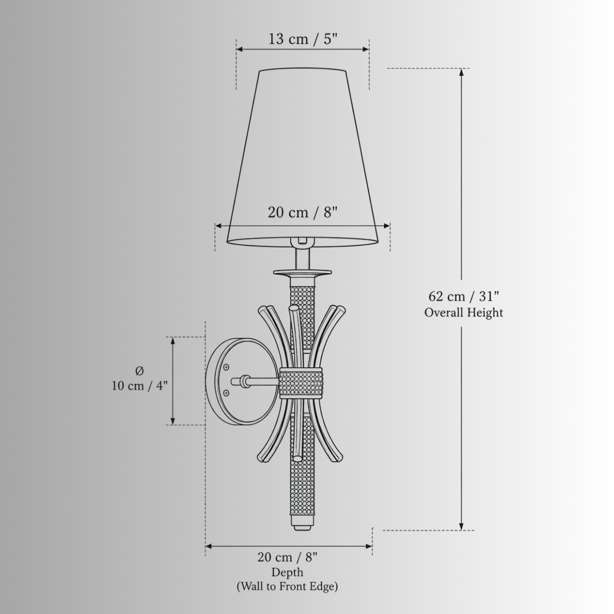 CAD drawing of the Maria Sconce Elen wall lamp, front view with detailed measurements.