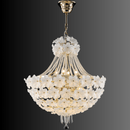 Floral chandelier glowing softly with hand-blown white glass flowers and gold detailing.