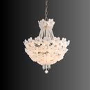 Smaller Camellia Bloom chandelier featuring white floral glass and gold metal frame.