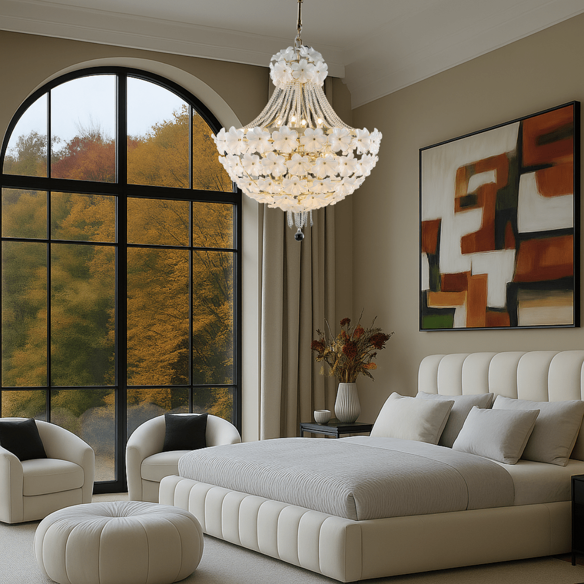 Camellia Bloom chandelier illuminating a modern beige bedroom with large windows.