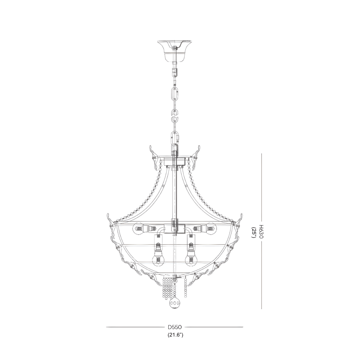 Technical drawing of the Camellia Bloom chandelier in 55 cm(21.6") size with height dimensions.