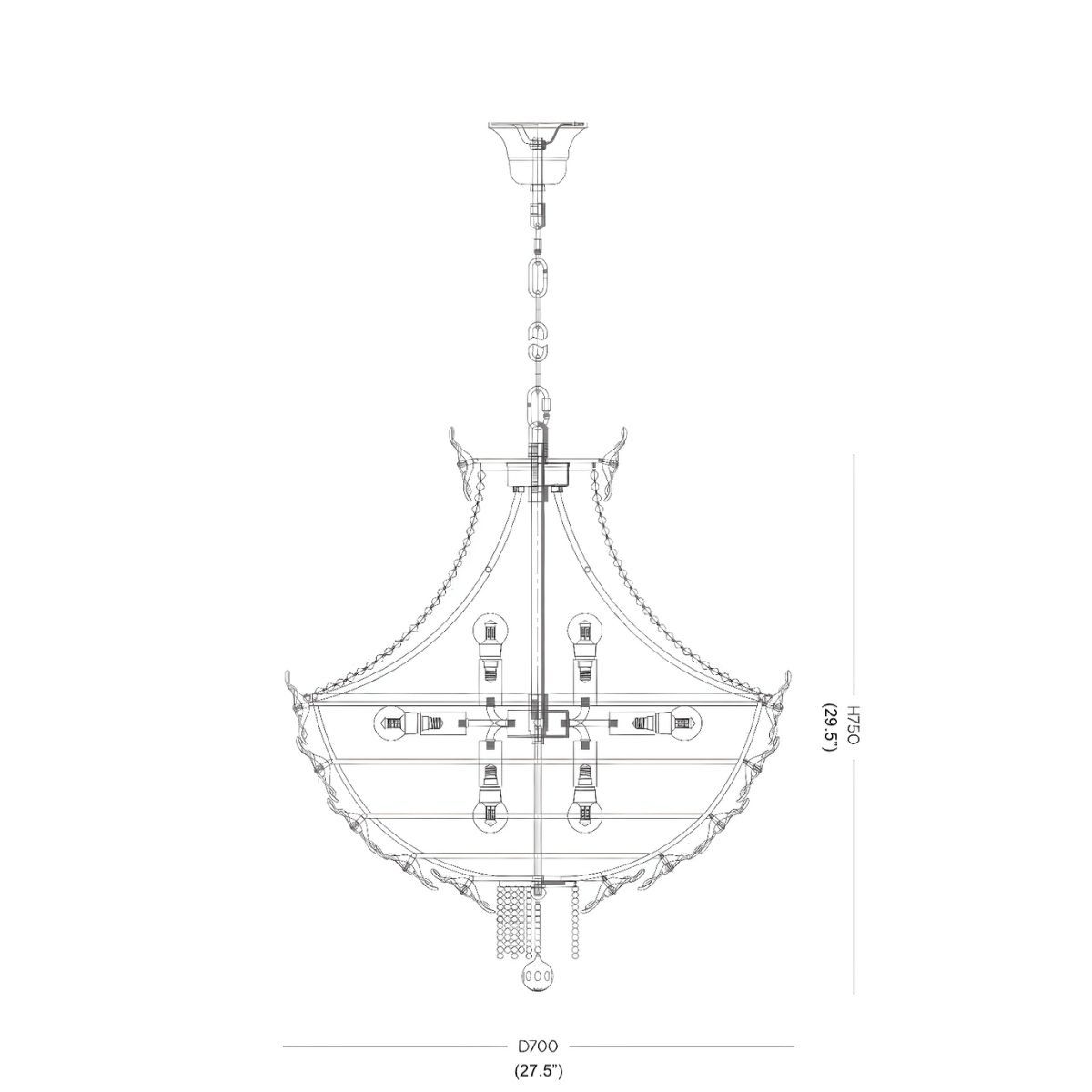 Technical drawing of the Camellia Bloom chandelier in 70 cm size with height dimensions.