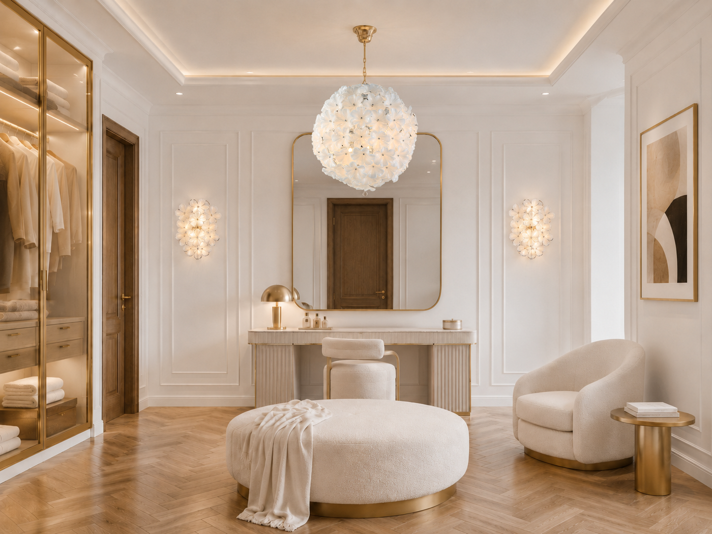 Camellia Fiorita Globe chandelier in a luxury white dressing room with matching floral wall lights.