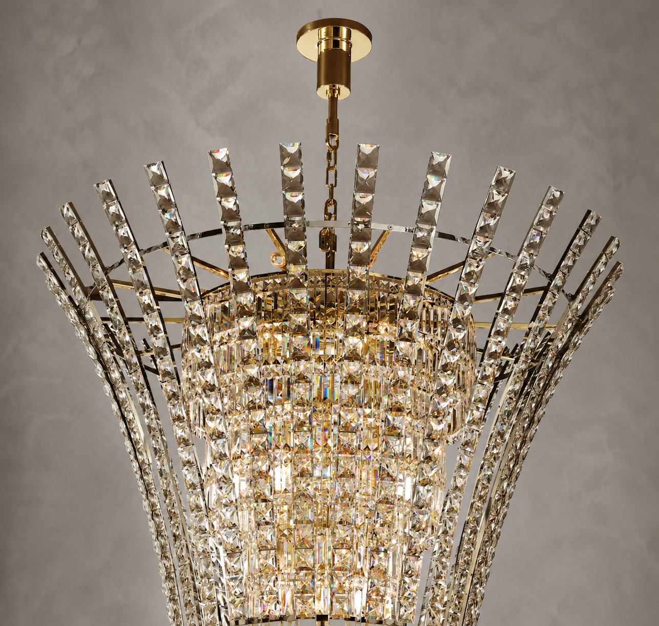 Close-up of the Plaza Crown Crystal Chandelier featuring gold-plated frame and precision-cut crystal details