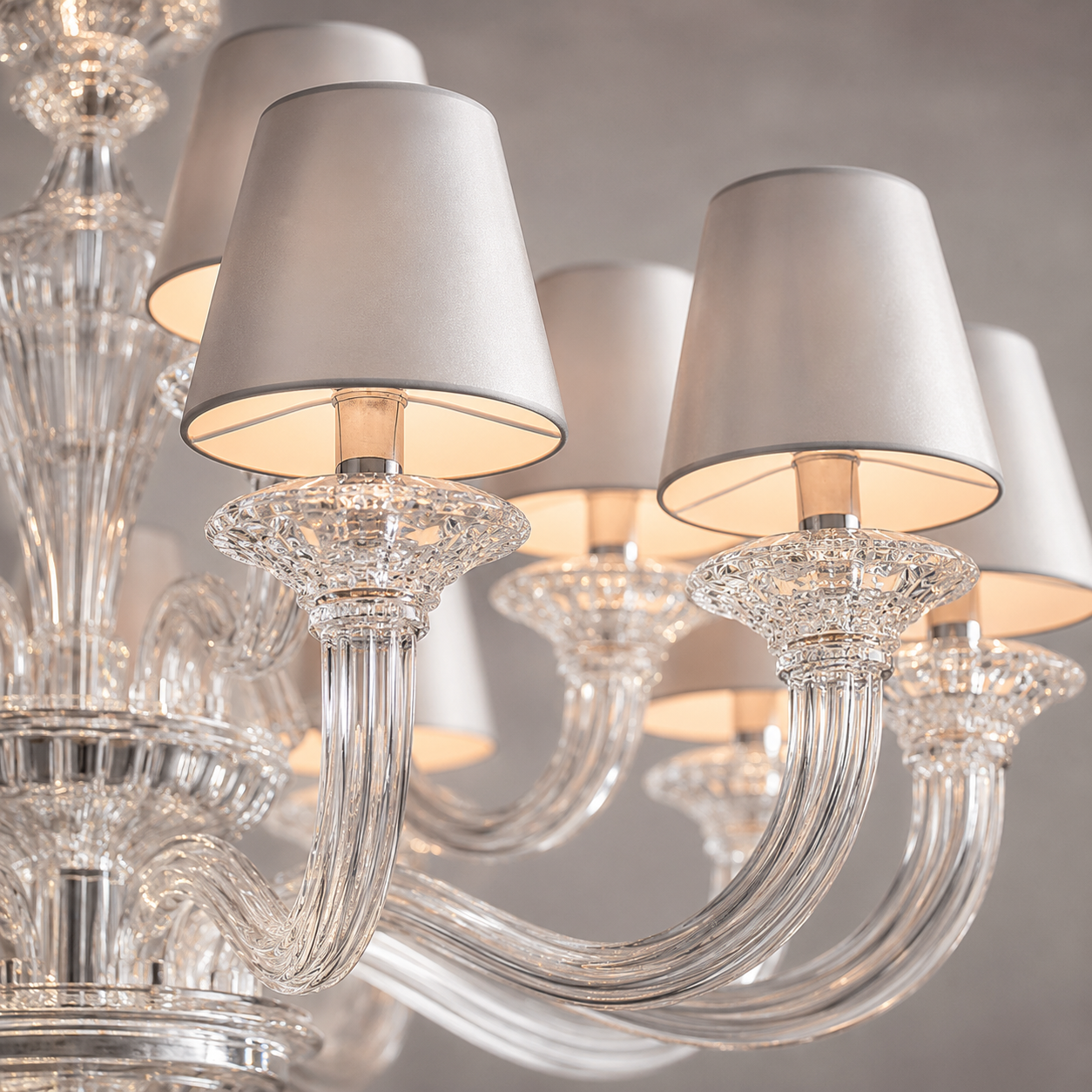 Close up shot of the Cadogan 18 light crystal chandelier showing theh crystal and shade details.
