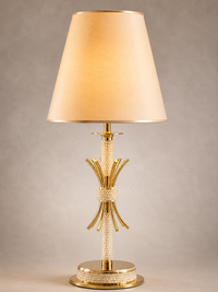 Close up shot of the Maria Eleganza Table Lamp showing the crystal and gold details against grey background.