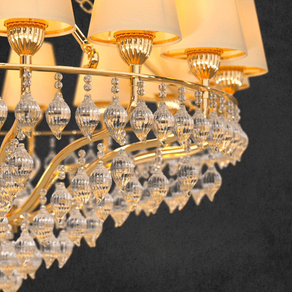 Close-up of Murano-style glass droplets and 18K gold-plated frame handcrafted by HDLS Lighting Ltd.