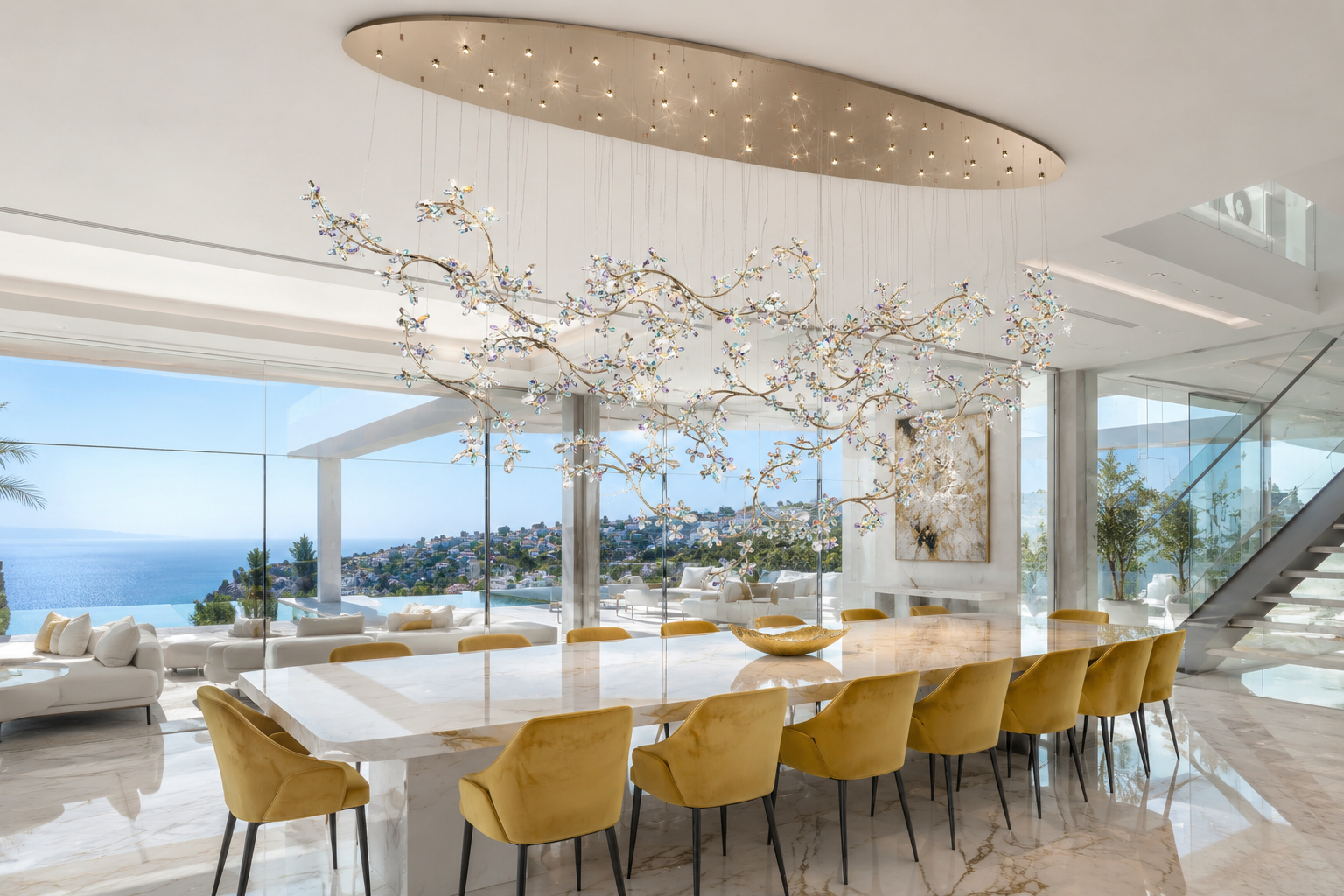 Elysia bespoke Swarovski chandelier by HDLS Lighting with brass gold base in a luxury villa in South of France with marble floor and table.