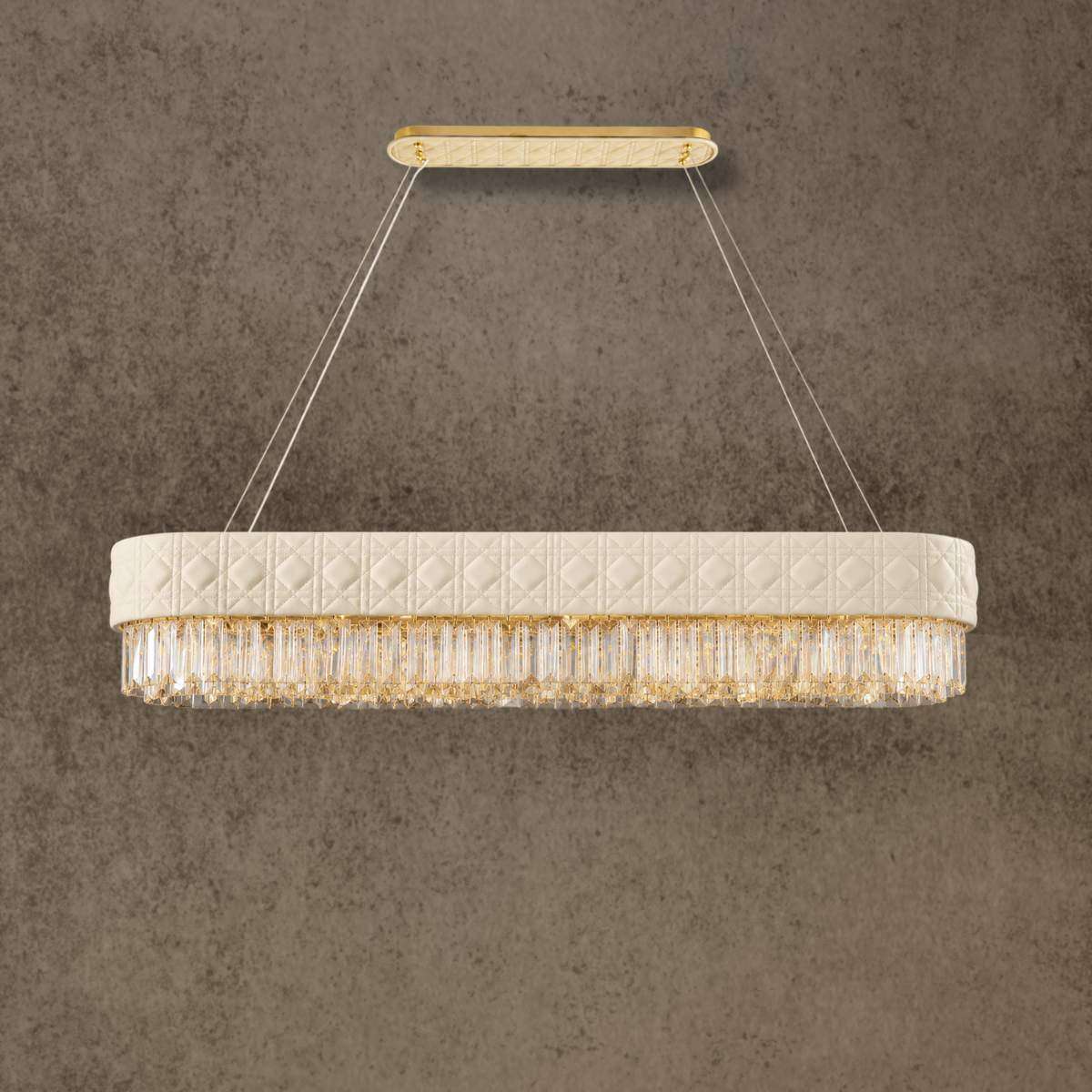 Florence Trapunto Neve linear leather and crystal chandelier in ivory and gold, front view