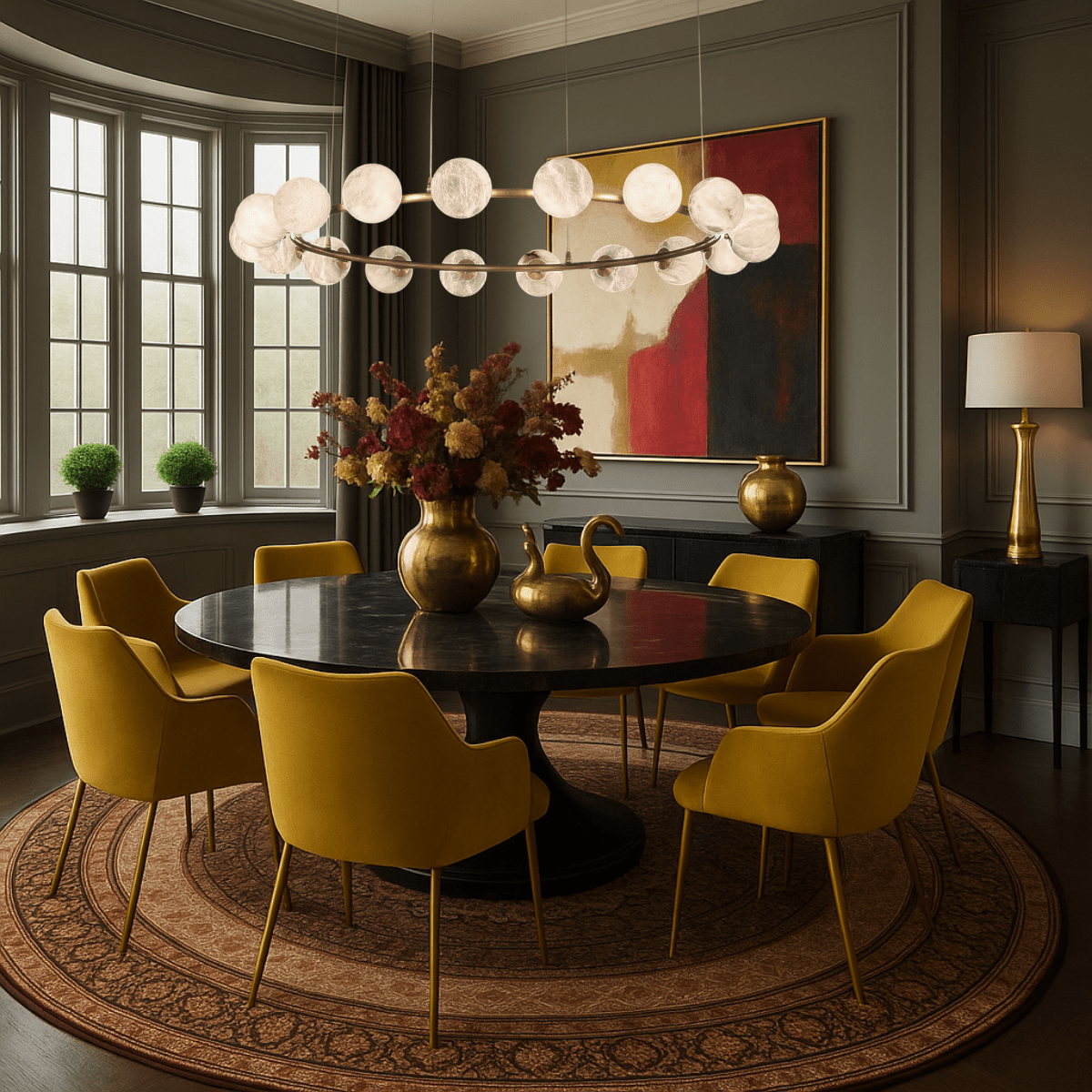Galaxia alabaster chandelier hanging above a round dining table in a classic interior.