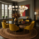 Galaxia alabaster chandelier hanging above a round dining table in a classic interior.
