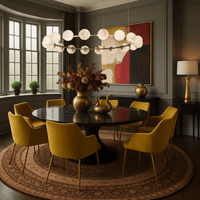 Galaxia alabaster chandelier hanging above a round dining table in a classic interior.