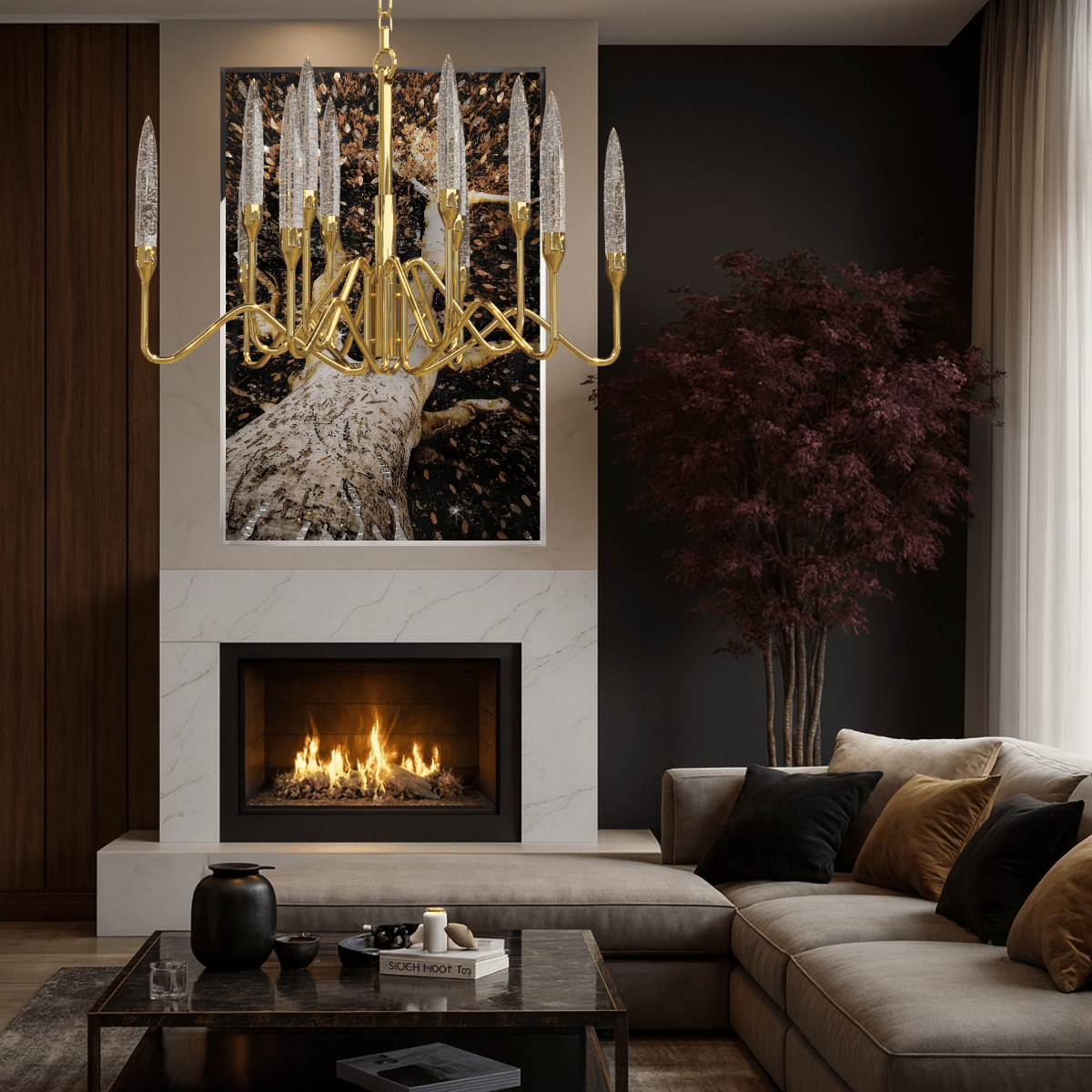 Theia chandelier installed in a dark-toned luxury living room with fireplace, adding refined gold and crystal ambience.
