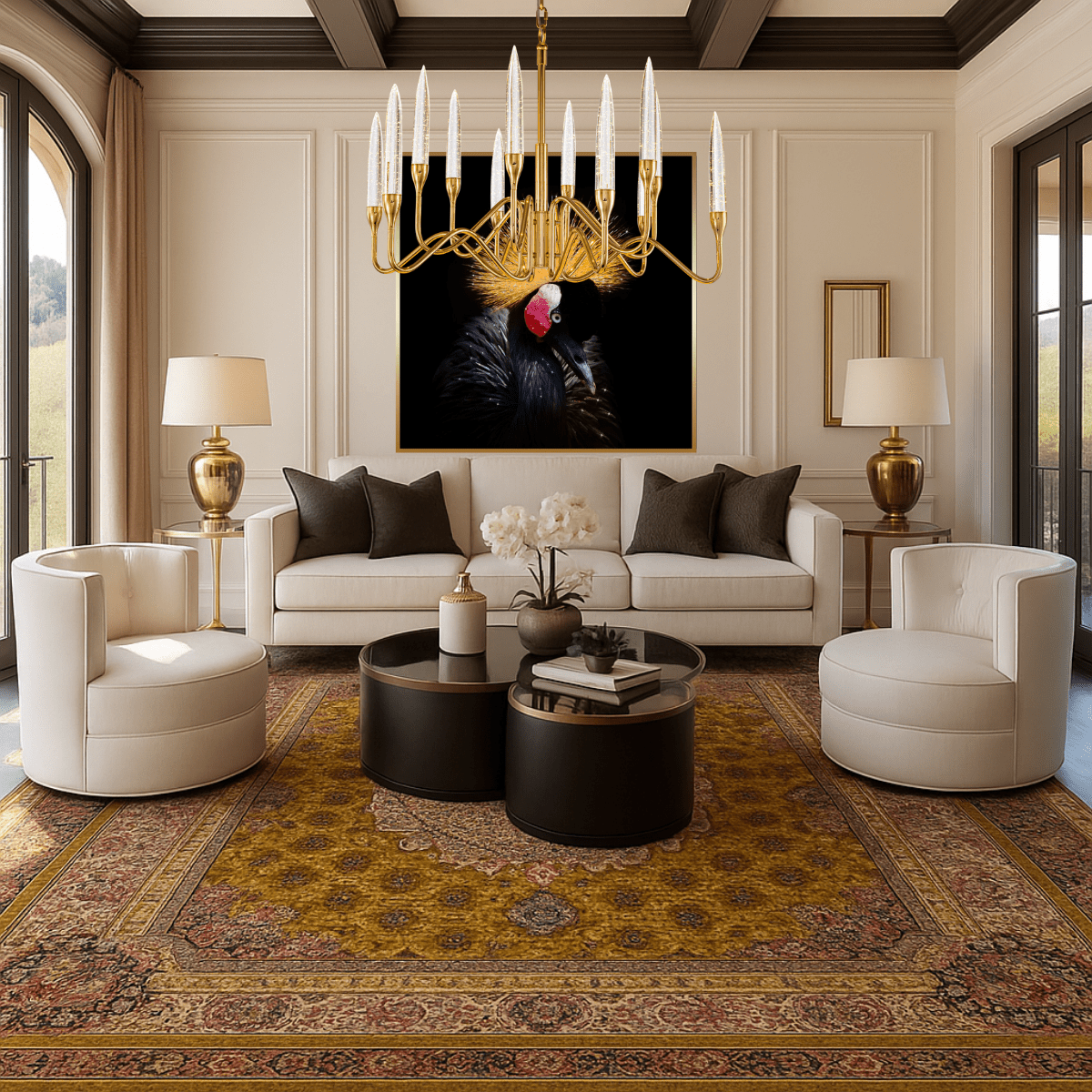 Luce di Roma Theia chandelier styled in a bright luxury living room, casting warm champagne illumination.
