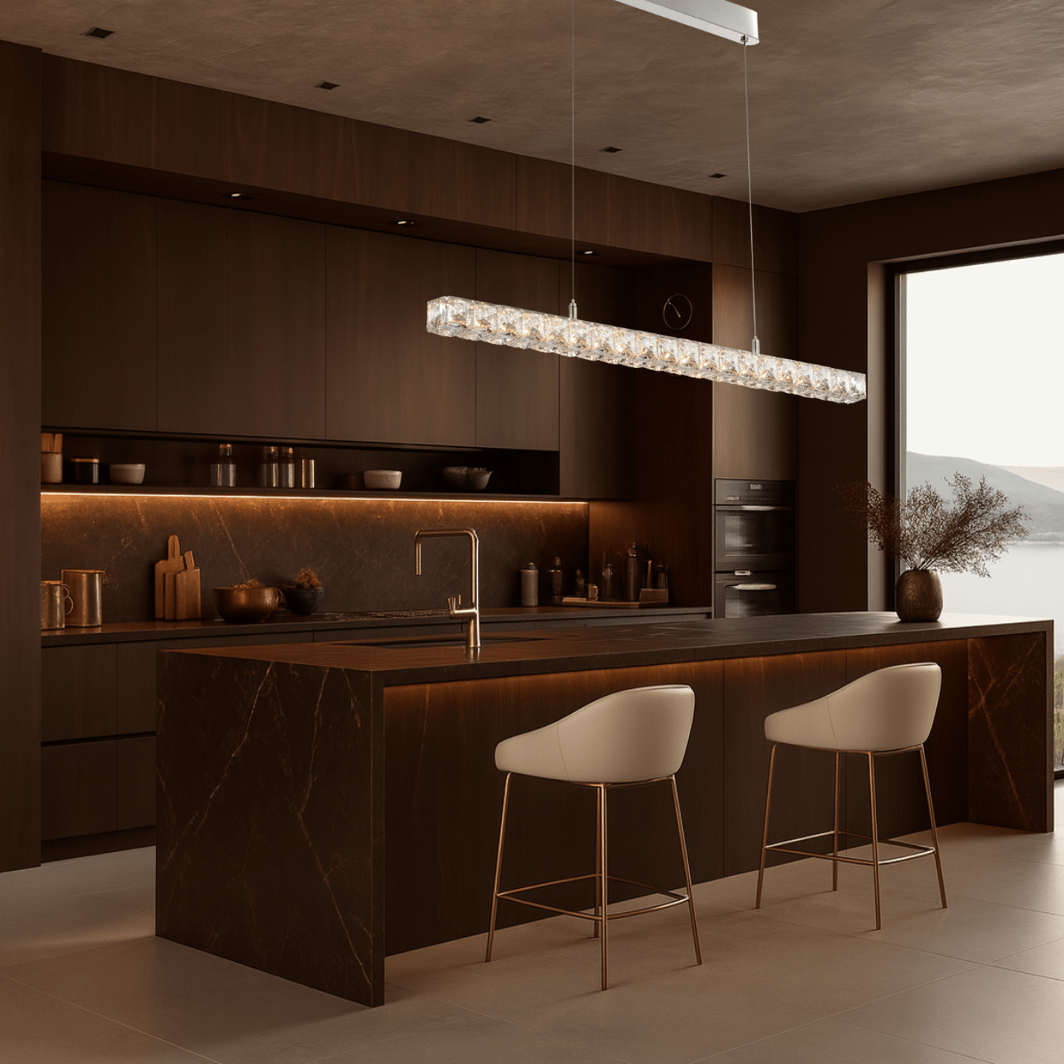 Halo Luxe Elara linear crystal chandelier installed above a luxury kitchen island, creating a warm and modern ambience.