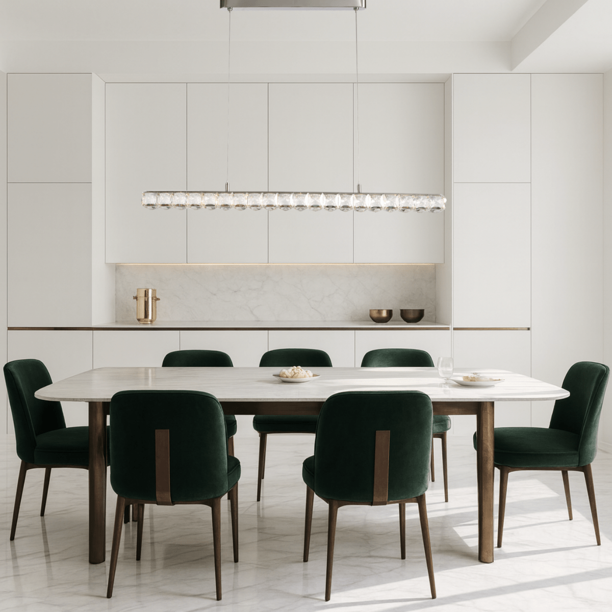 Halo Luxe Elara linear crystal chandelier installed in a modern white dining room with green velvet chairs.