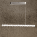 Modern Halo Luxe Elara linear crystal chandelier in stainless steel finish, shown front-facing with precision-cut crystal bar