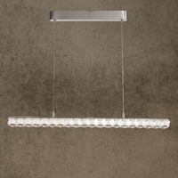 Modern Halo Luxe Elara linear crystal chandelier in stainless steel finish, shown front-facing with precision-cut crystal bar