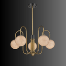 Luxury alabaster chandelier with curved brass frame and five glowing alabaster spheres.