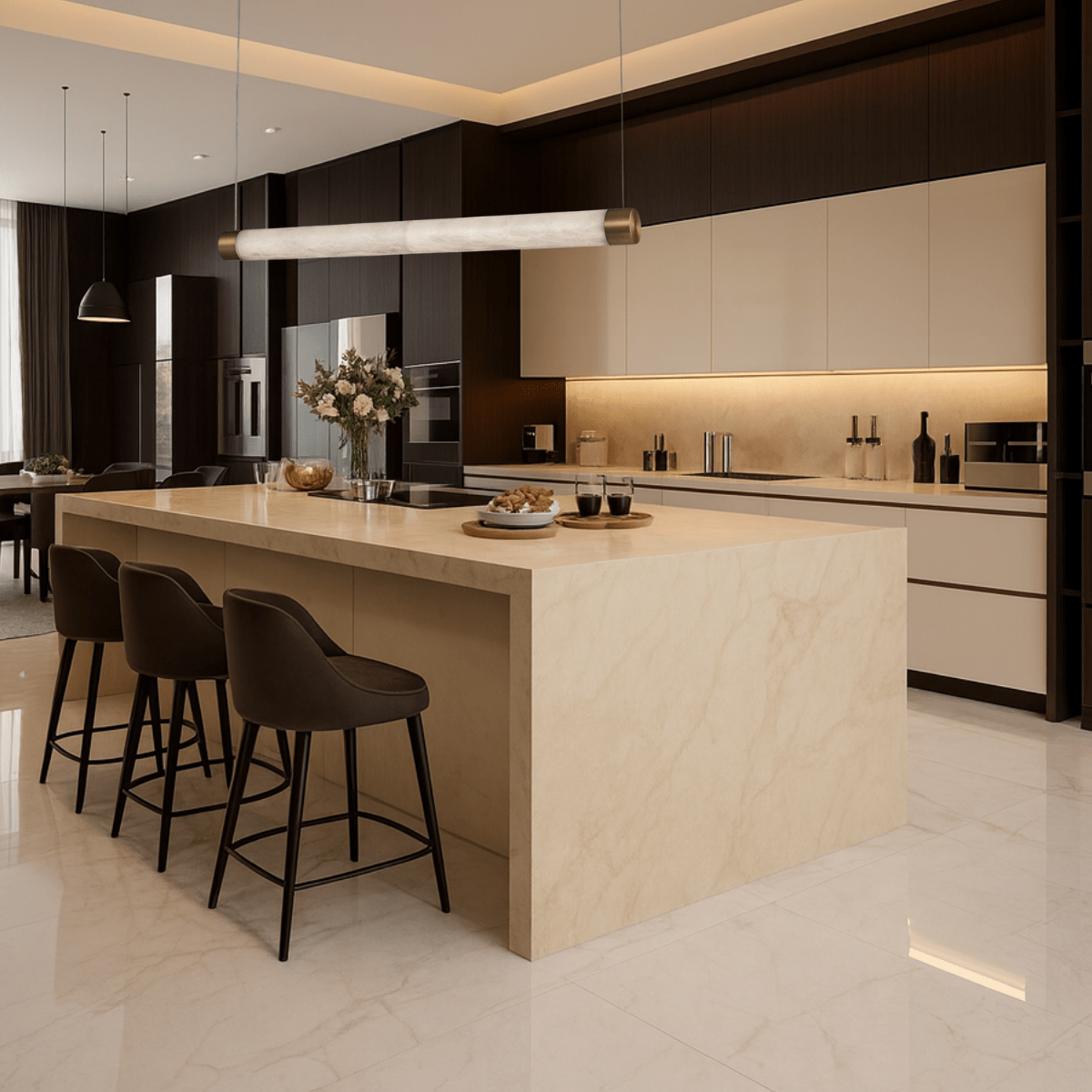 Alabaster Lumen linear pendant illuminating a beige marble kitchen island in a high-end contemporary home.