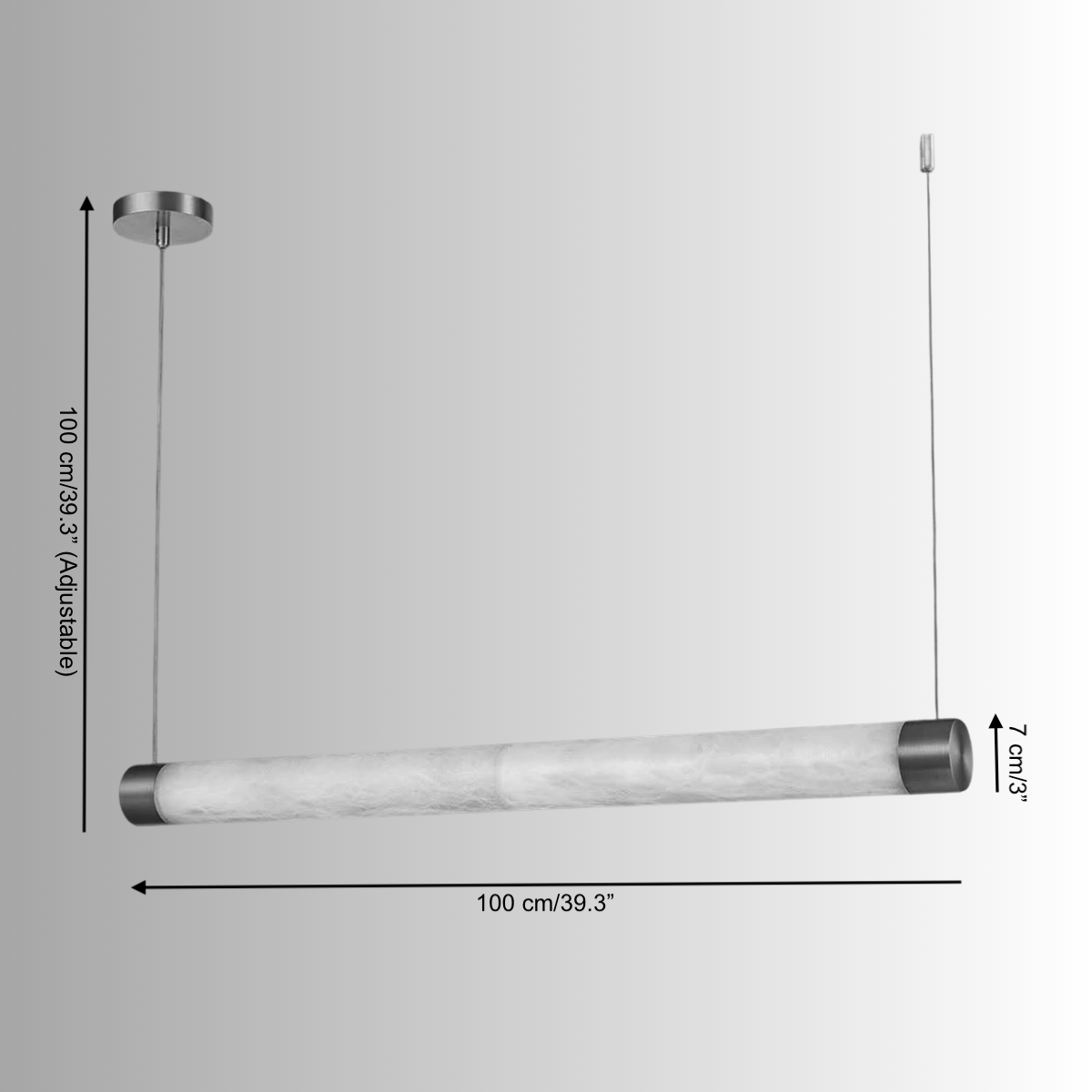 Technical diagram of Alabaster Lumen pendant showing 100cm (39.3") length, 7cm diameter, and adjustable 100cm cable drop.