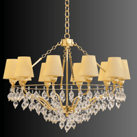 Elegant 18K gold-plated chandelier with ivory shades and Murano-style glass droplets by HDLS Lighting Ltd.