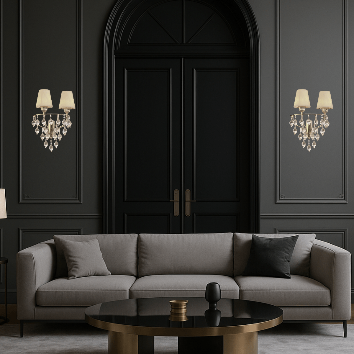 Elegant designer wall lights mounted beside arched doors in a sophisticated living room setting