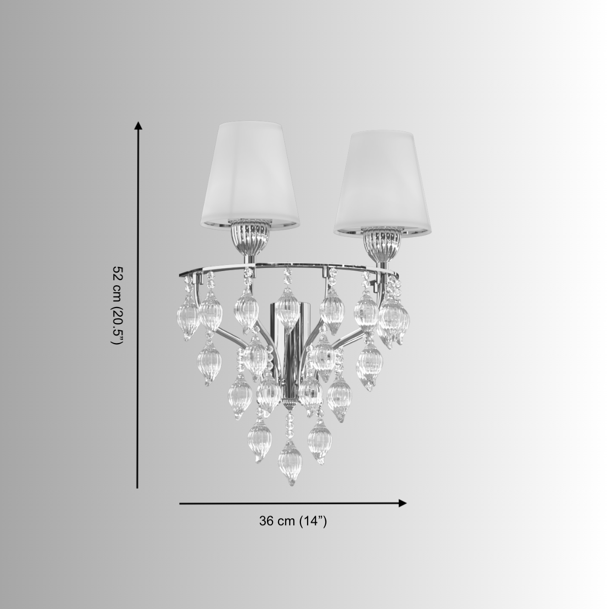 Technical image showing wall sconce size W36 × H52 cm with ivory shades and crystal-style droplets