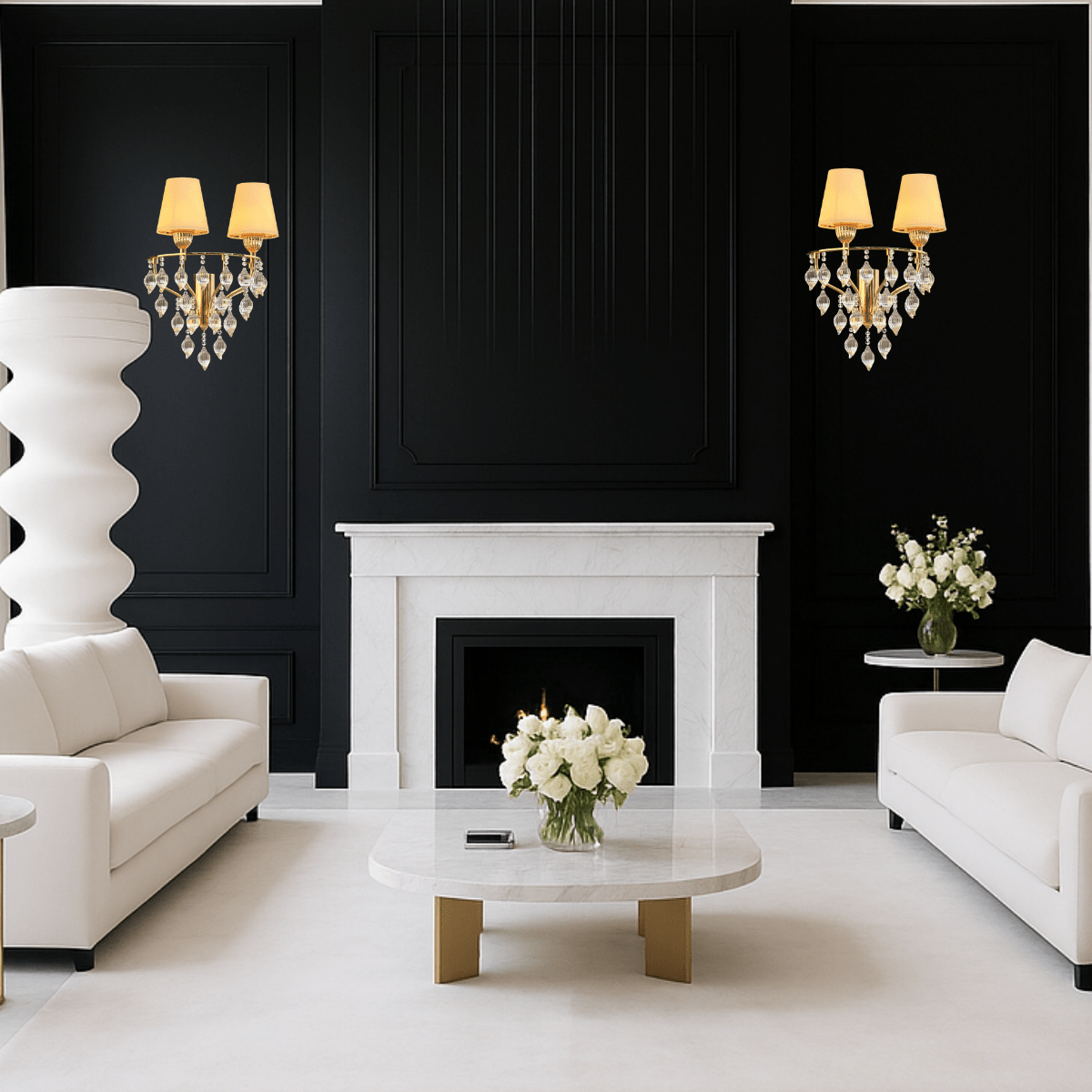 Pair of gold Murano-style sconces flanking a modern fireplace in luxury black-and-white interior