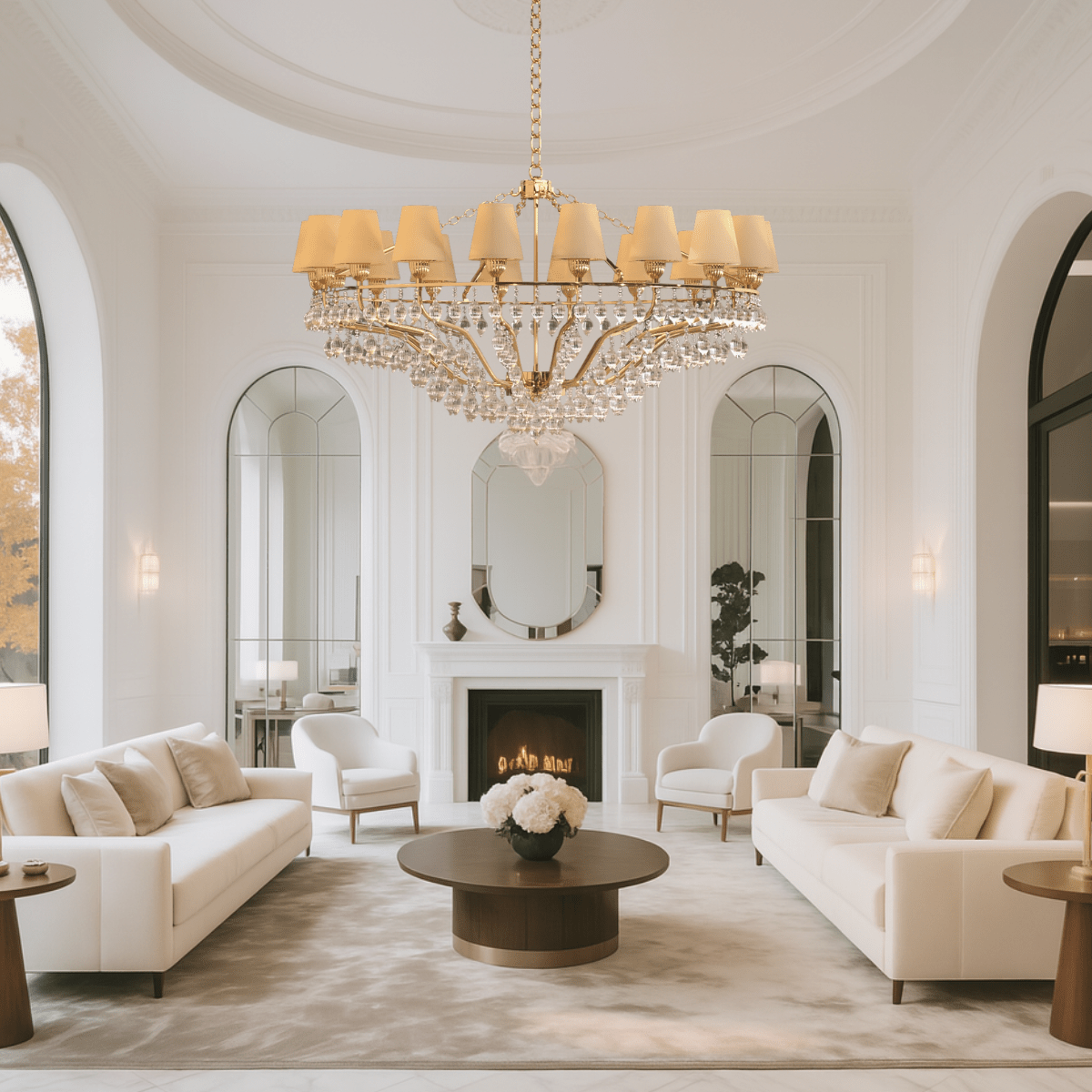 Luxurious living room with white sofas, a large Italian inspired designer chandelier by HDLS Lighting ltd and a fireplace.