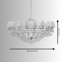 An Italian inspired chandelier with white lampshades and crystal details, shown with dimensions on a grey background.