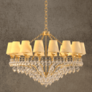 Luxury gold and ivory chandelier handcrafted by HDLS Lighting Ltd with Murano-style glass and fabric shades.