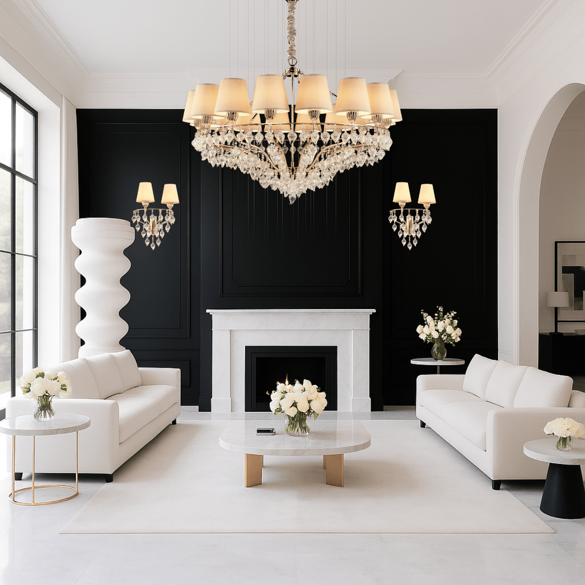 HDLS Lighting Ltd chandelier displayed in a modern luxury living room with black and white décor.