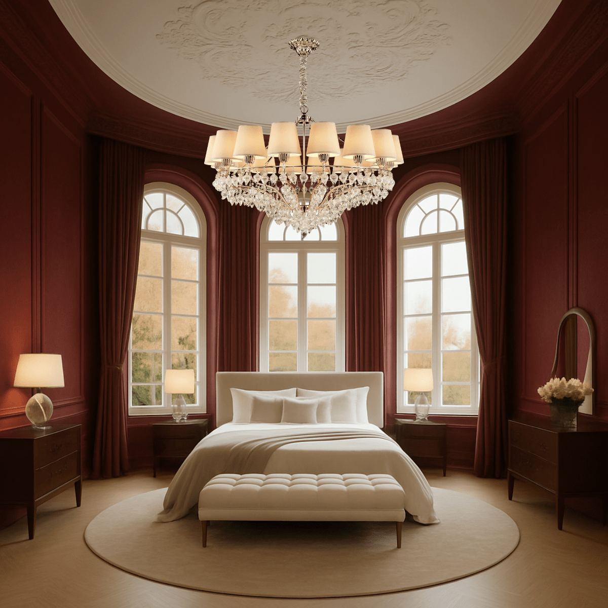 Elegant gold chandelier with ivory shades featured in a luxury French-style bedroom interior by HDLS.
