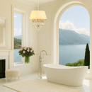 Elegant gold pendant with Murano glass above freestanding bath, overlooking lake view, HDLS Lighting Ltd