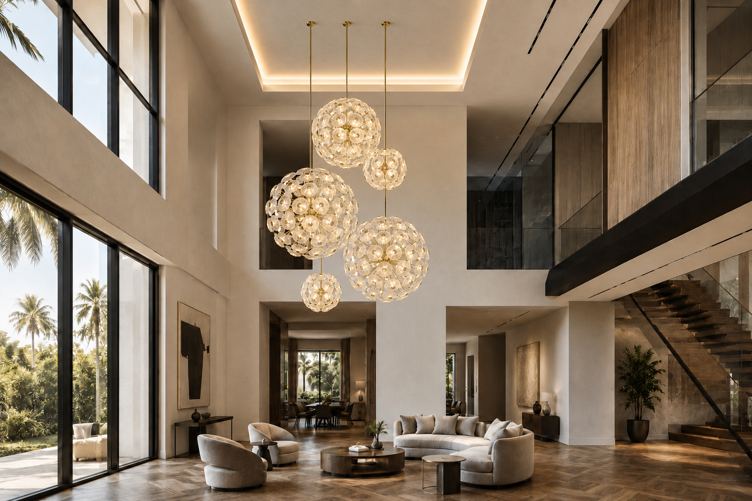 Modernus Moon globe chandeliers in a spiral installation inside a double-height Beverly Hills villa.