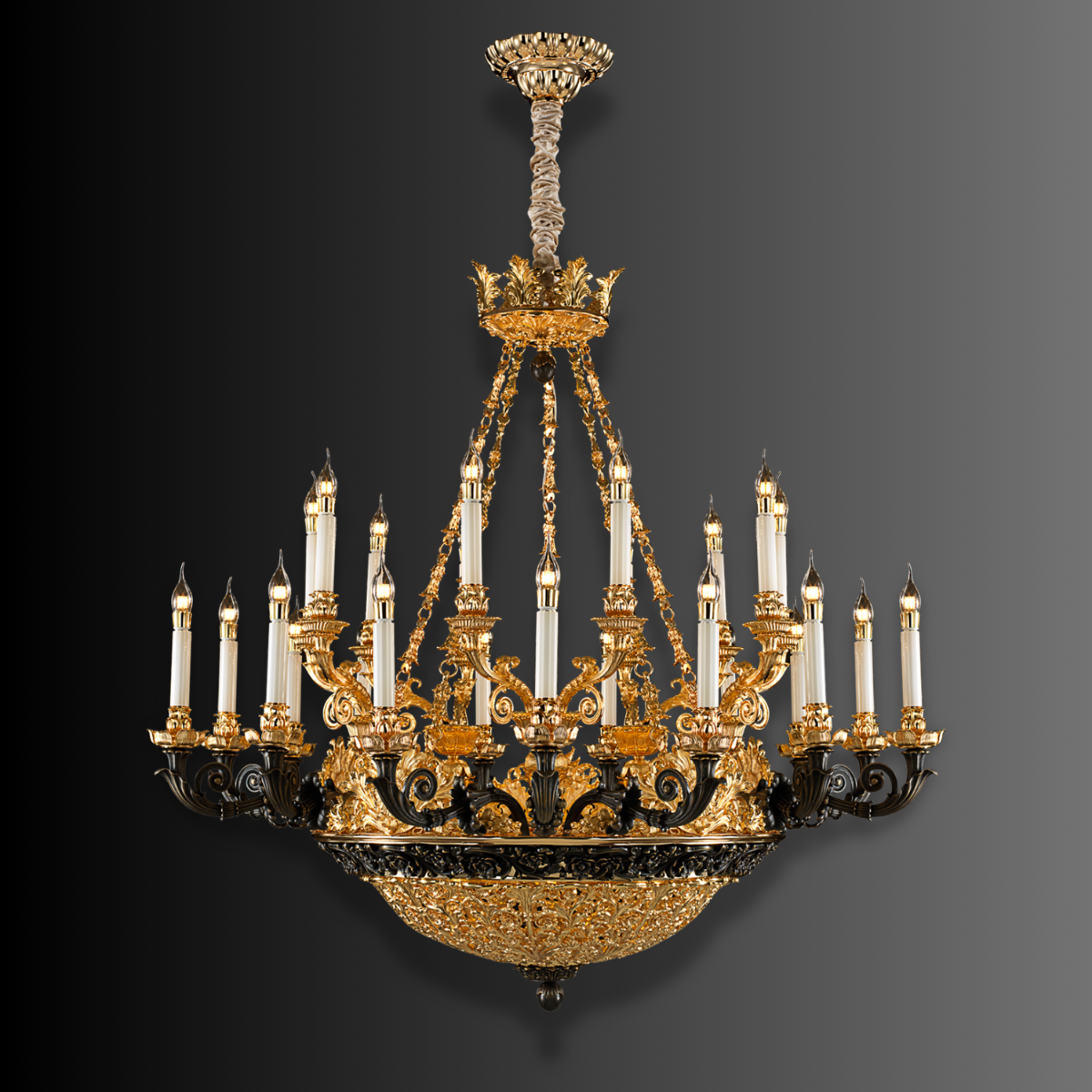 Opéra Noir Majesté large black and gold French chandelier shown against a dark grey background.