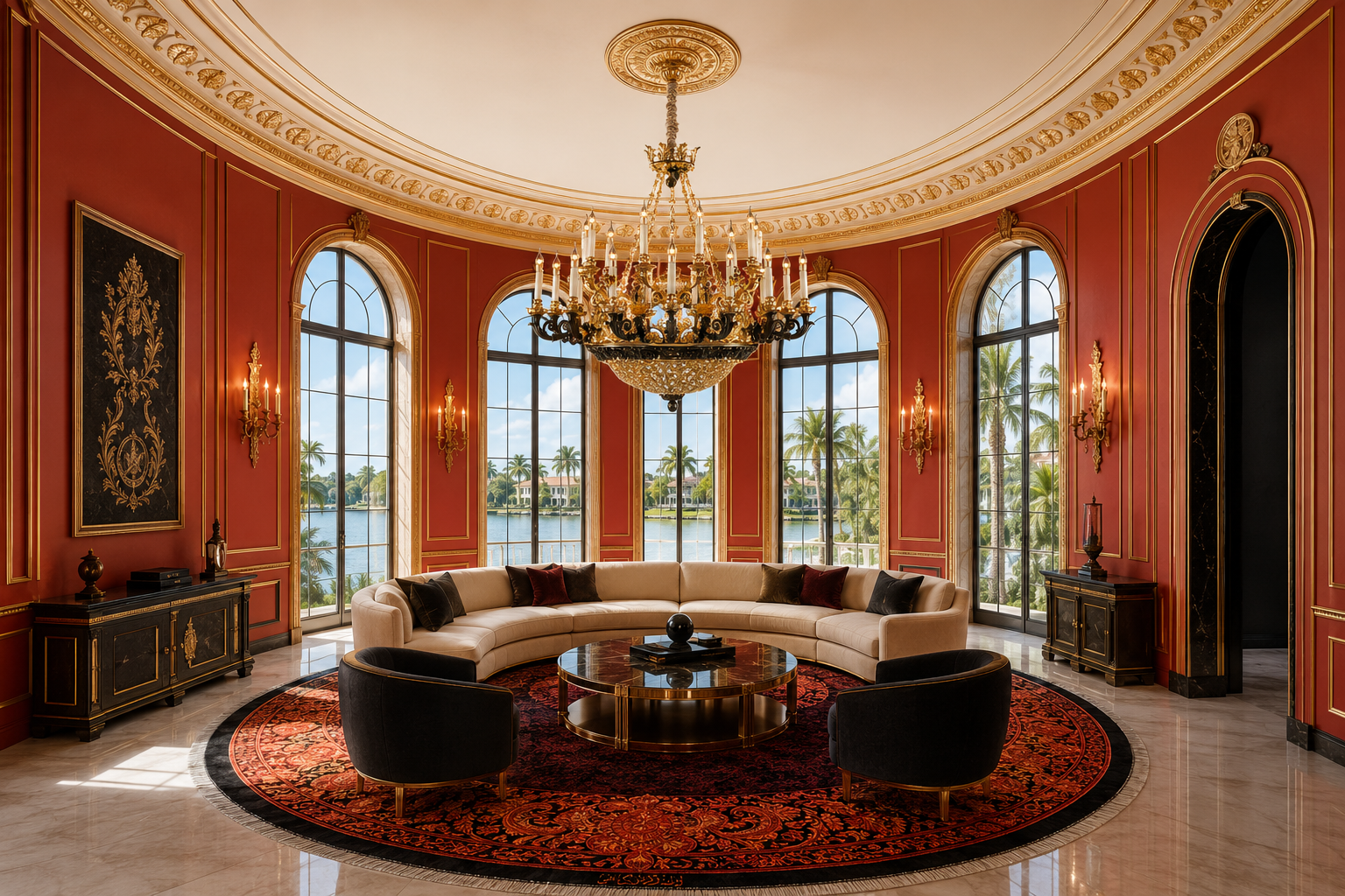 Opéra Noir Majesté French chandelier installed in a grand Florida living room with high ceilings.