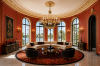 Opéra Noir Majesté French chandelier installed in a grand Florida living room with high ceilings.