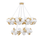 A luxurious modern chandelier featuring frosted glass orbs and gold accents with a durable copper body with white background.