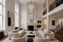 Plaza Crown Crystal Chandelier in a luxury double-height Chelsea London living room with premium crystal lighting