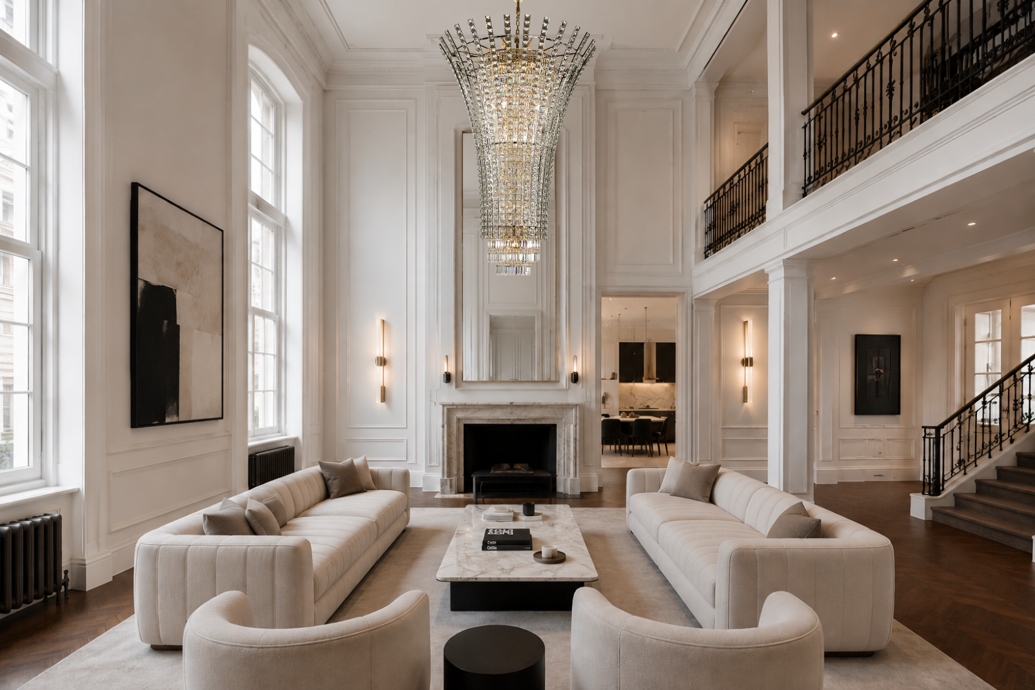 Plaza Crown Crystal Chandelier in a luxury double-height Chelsea London living room with premium crystal lighting
