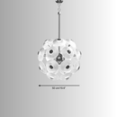 Small Modernus Moon chandelier featuring sculpted glass discs forming a glowing sphere with brass-gold accents.