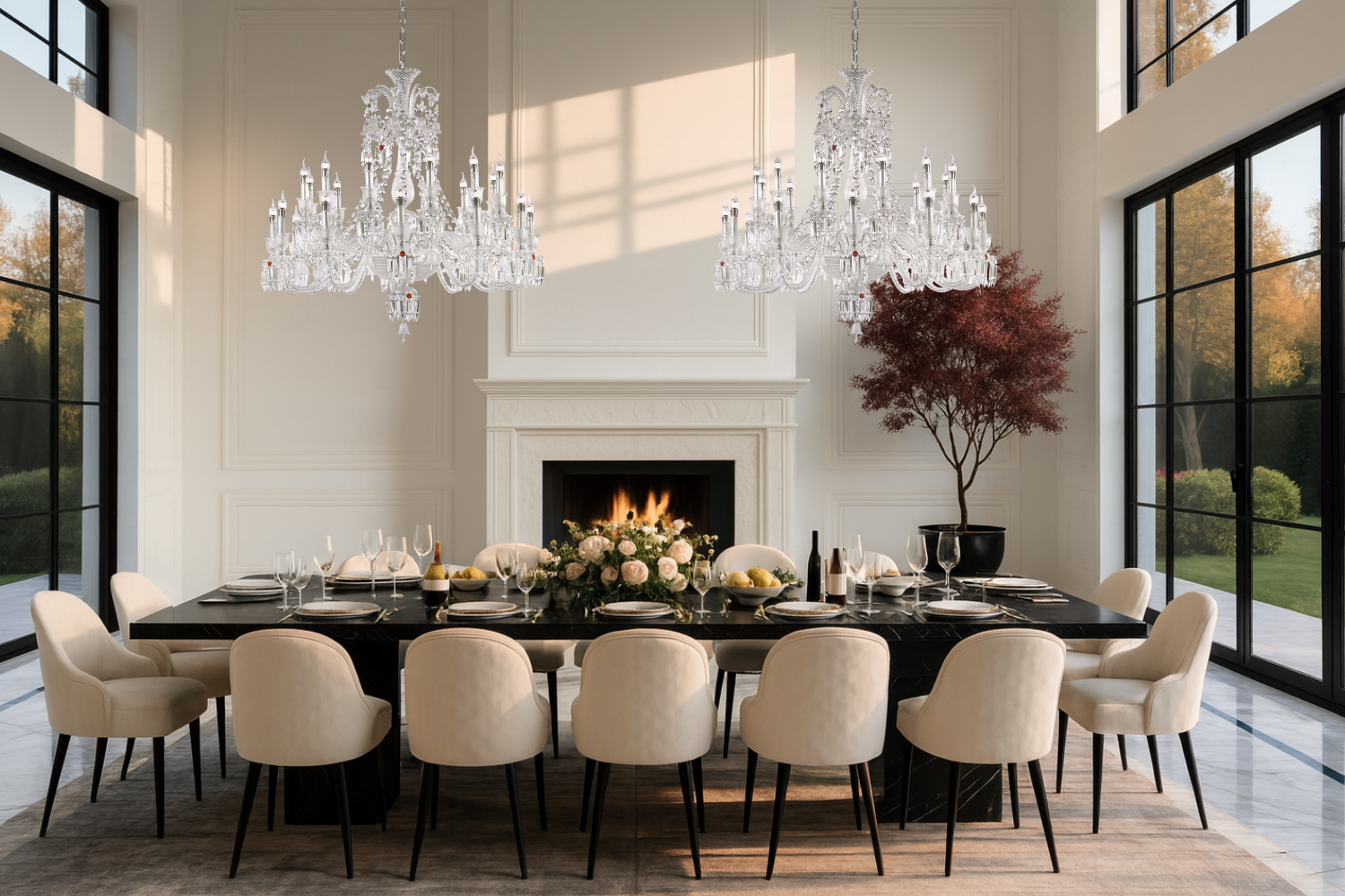 Elegant dining room with two crystal chandeliers above a marble table and fireplace.