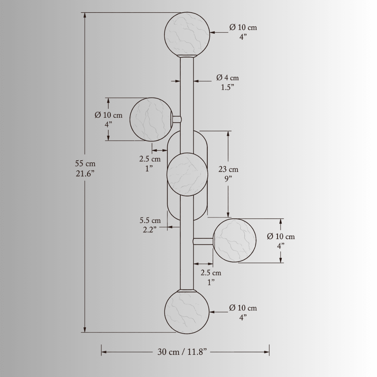 Alabaster Alba wall light CAD drawing with dimensions, front elevation and five Spanish alabaster spheres