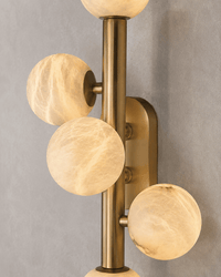 Close-up of Alabaster Alba wall light with Spanish alabaster globes and brushed brass framework