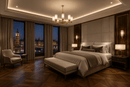 Modern luxury bedroom featuring an HDLS Spanish alabaster chandelier and bespoke wall lighting