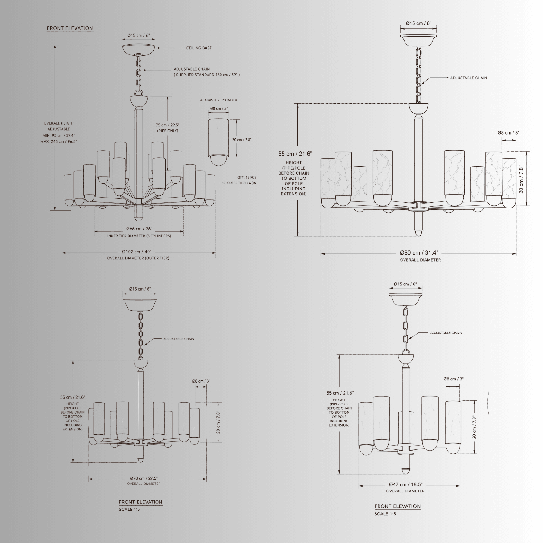 Technical CAD drawings of Alabaster Anima chandeliers by HDLS Lighting with dimensions and details